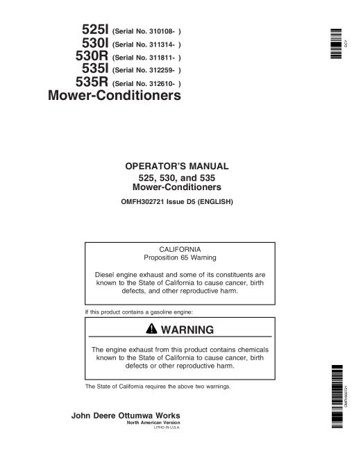 John Deere 525, 530, 535 Rotary Mower Conditioners OMFH302721 Operators and Maintenance Manual PDF Download
