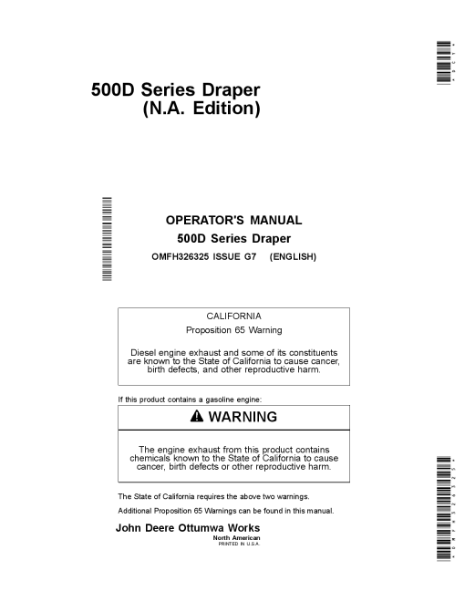 John Deere 525D, 530D & 536D Drapers OMFH326325 Operators and Maintenance Manual PDF Download