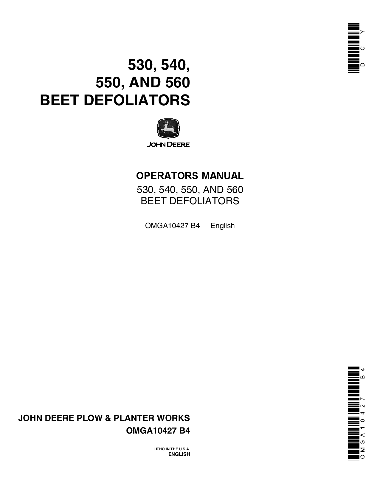John Deere 530, 540, 550, 560 Beet Defoliator OMGA10427 Operators and Maintenance Manual PDF Download