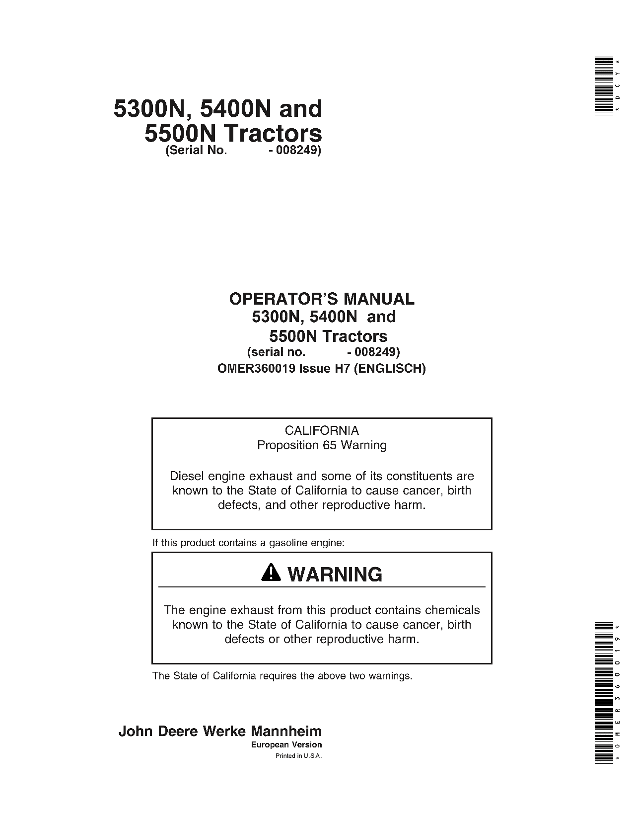 John Deere 5300N, 5400M & 5500N Tractors OMER360019 Operators and Maintenance Manual PDF Download