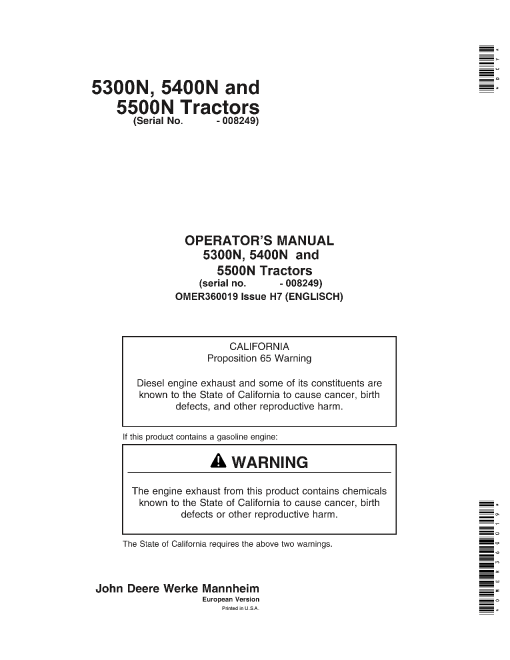 John Deere 5300N, 5400N & 5500N Tractors OMER360019 Operators and Maintenance Manual PDF Download