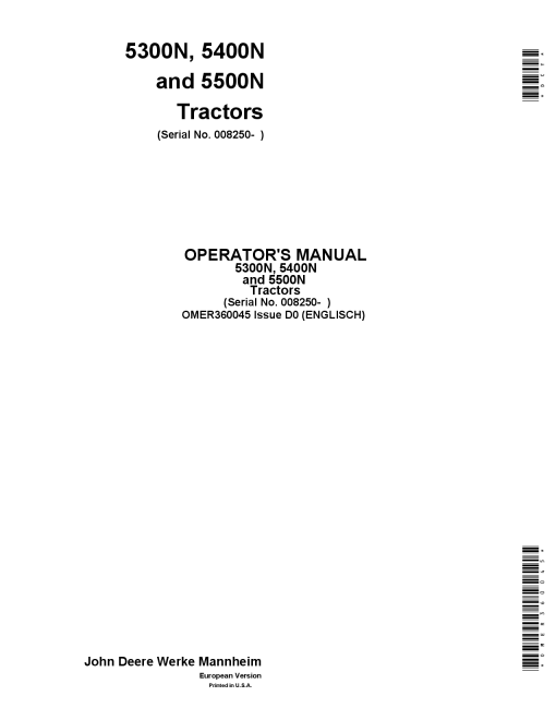 John Deere 5300N, 5400N & 5500N Tractors OMER360045 Operators and Maintenance Manual PDF Download
