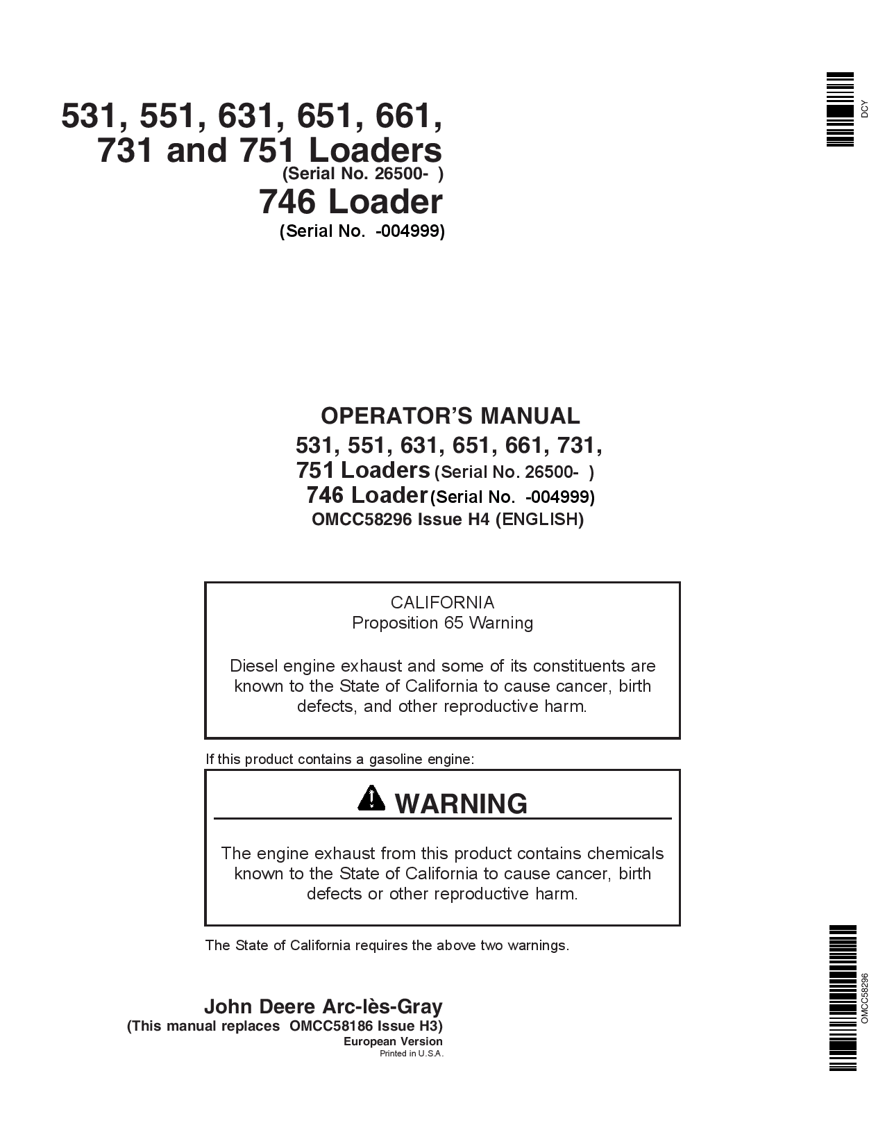 John Deere 531, 551, 631, 651, 661, 731, 751, 746 Loaders OMCC58296 Operators and Maintenance Manual PDF Download