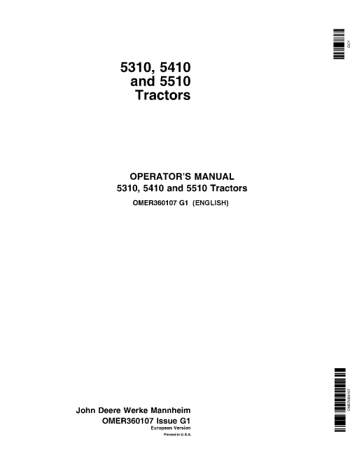 John Deere 5310, 5410 and 5510 Tractors OMER360107 Operators and Maintenance Manual PDF Download