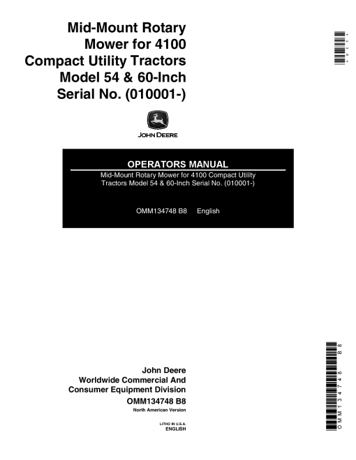 John Deere 54, 60-In. Mid-Mount Rotary Mower for 4100 CUT (010001-) OMM134748 Operators and Maintenance Manual PDF Download