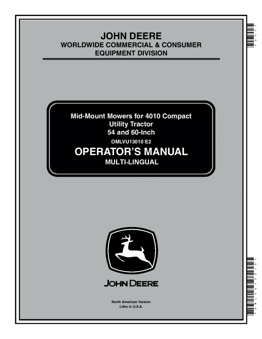 John Deere 54, 60 Inch Mid-Mount Mowers for 4010 CUT OMLVU13010 Operators and Maintenance Manual PDF Download