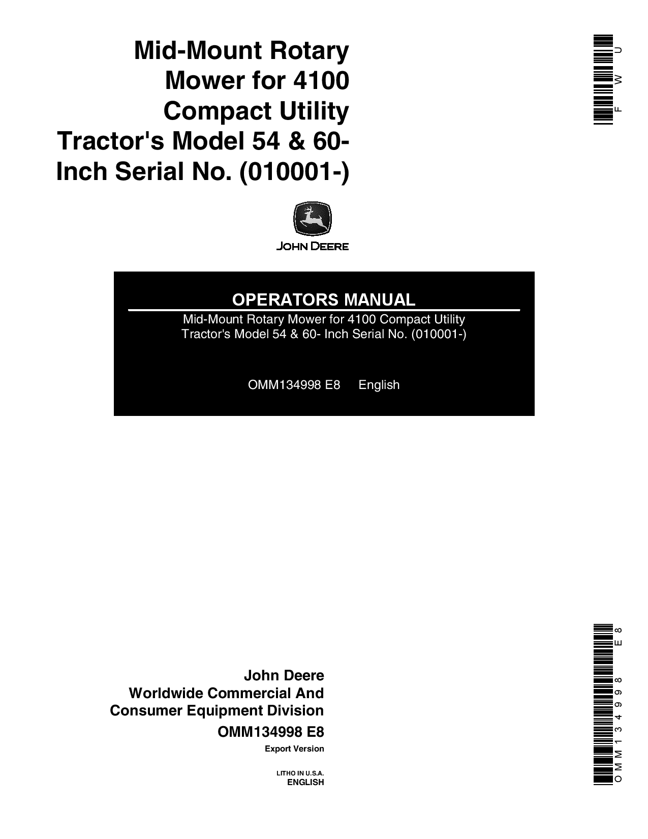 John Deere 54, 60-Inch Mid-Mount Rotary Mowers for 4100 CUT (010001-) OMM134998 Operators and Maintenance Manual PDF Download