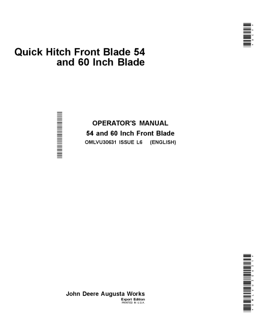 John Deere 54 & 60 Inch Quick Hitch Front Blade OMLVU30631 Operators and Maintenance Manual PDF Download