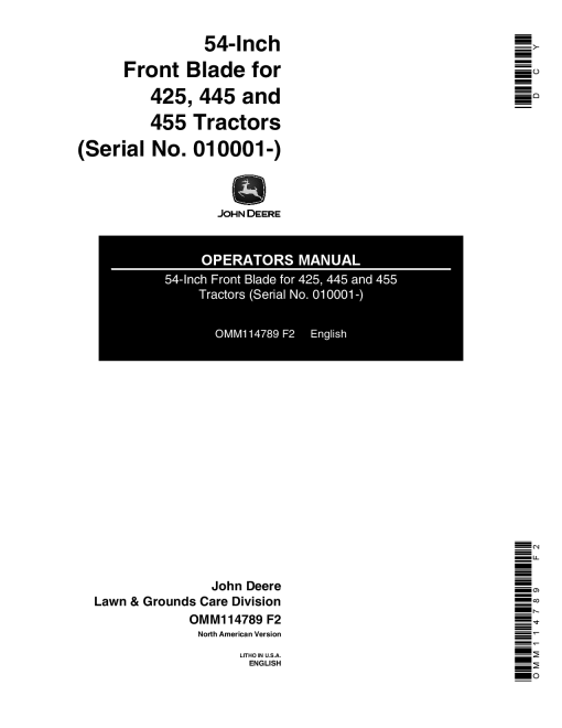John Deere 54 Inch Front Blade (010001-040000) OMM114789 Operators and Maintenance Manual PDF Download