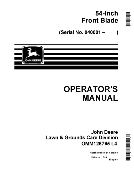 John Deere 54 Inch Front Blade (040001-) OMM126795 Operators and Maintenance Manual PDF Download
