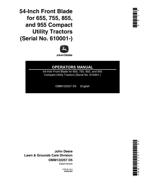John Deere 54-Inch Front Blade (610001-) OMM122257 Operators and Maintenance Manual PDF Download