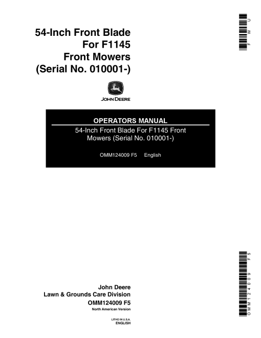 John Deere 54-Inch Front Blade for F1145 Front Mowers (010001-) OMM124009 Operators and Maintenance Manual PDF Download