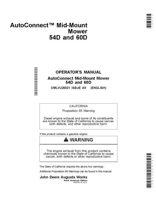 John Deere 540 and 60D Mid-Mount Mower OMLVU26521 Operators and Maintenance Manual PDF Download