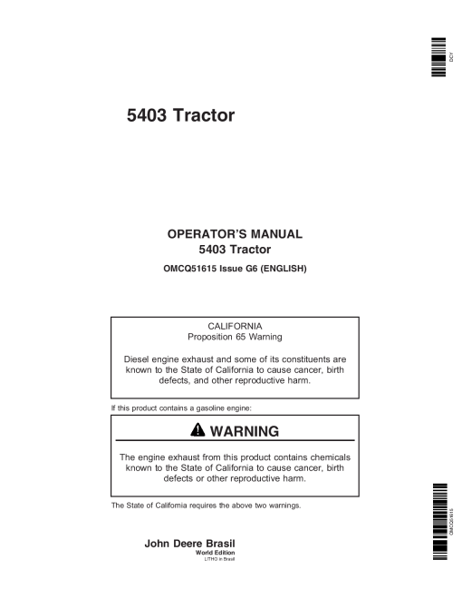 John Deere 5403 Tractor OMCQ51615 Operators and Maintenance Manual PDF Download