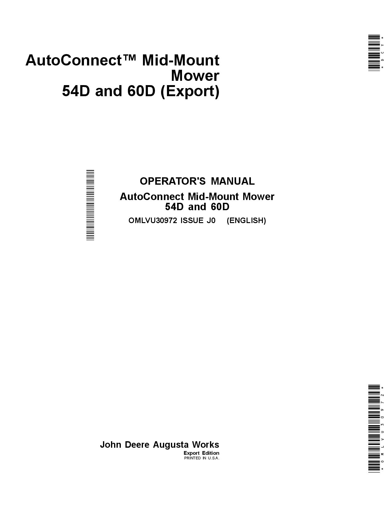 John Deere 54D and 60D AutoConnect Mid-Mount Mower (M010001-) for 2025R Compact Utility Tractors (MY2017-) OMLVU30972 Operators and Maintenance Manual PDF Download