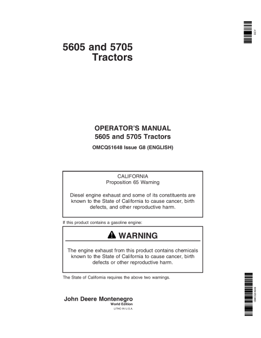 John Deere 5605, 5705 Tractor OMCQ51648 Operators and Maintenance Manual PDF Download