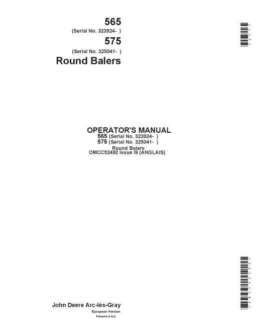 John Deere 565 &575Round Balers OMCC52492 Operators and Maintenance Manual PDF Download