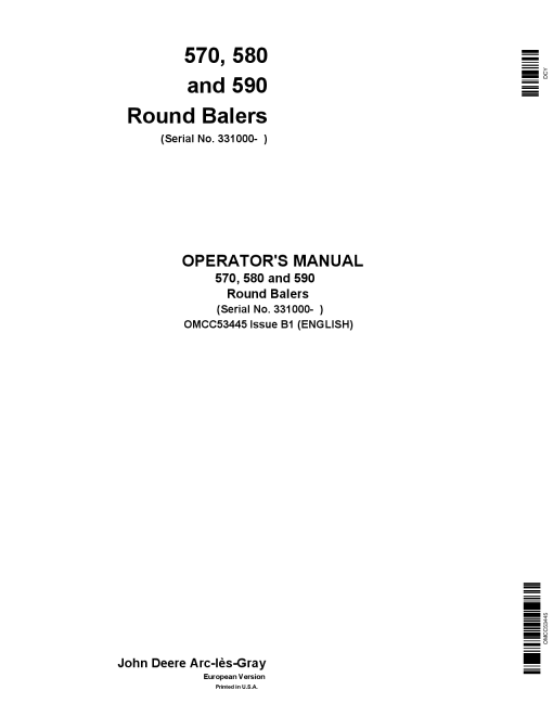John Deere 570, 580 & 590 Round Balers OMCC53445 Operators and Maintenance Manual PDF Download
