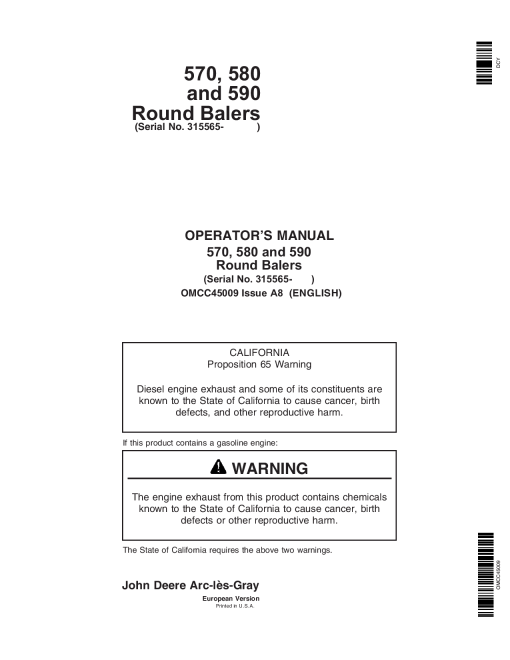 John Deere 570, 580 and 590 Round Balers (315565-) OMCC45009 Operators and Maintenance Manual PDF Download