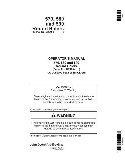 John Deere 570, 580 and 590 Round Balers OMCC50090 Operators and Maintenance Manual PDF Download