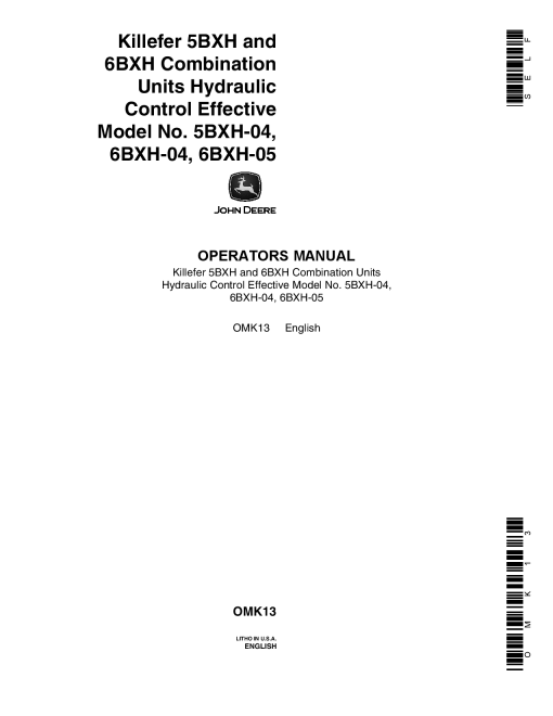 John Deere 5BXH, 6BXH Combination Units, Hydraulic Control OMK13 Operators and Maintenance Manual PDF Download