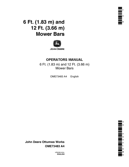John Deere 6-, 12-Ft. Mower Bars For Forage Harvester OME73483 Operators and Maintenance Manual PDF Download