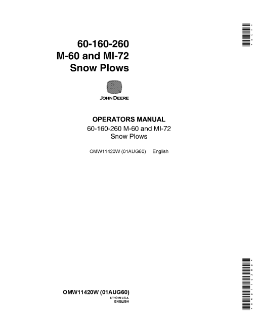 John Deere 60, 160, 260, M-60, MI-72 Snow Plows OMW11420W Operators and Maintenance Manual PDF Download