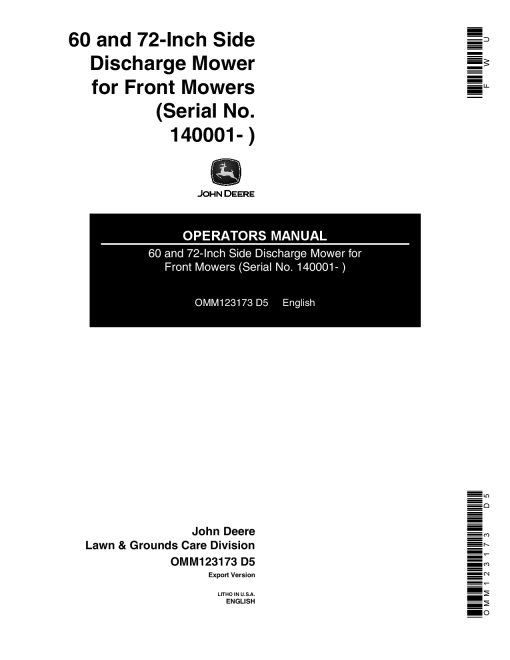 John Deere 60, 72-Inch Side Discharge Mower for Front Mowers (140001-) OMM123173 Operators and Maintenance Manual PDF Download