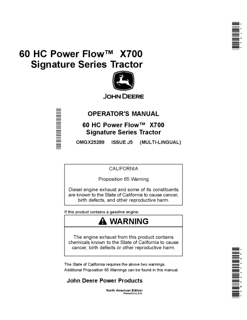 John Deere 60 HC PowerFlow for the X700 Signature Series OMGX25289 Operators and Maintenance Manual PDF Download