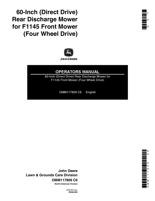 John Deere 60-Inch Direct-Drive Rear-Discharge Mower for F1145 Front Mowers (4WD) North American Edition OMM117809 Operators and Maintenance Manual PDF Download