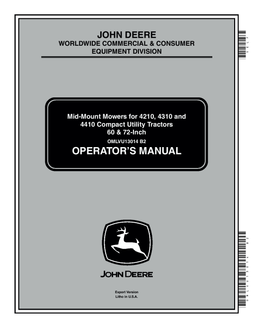 John Deere 60-Inch Mid-Mount Mowers for 4210, 4310, 4410 CUT OMLVU13014 Operators and Maintenance Manual PDF Download