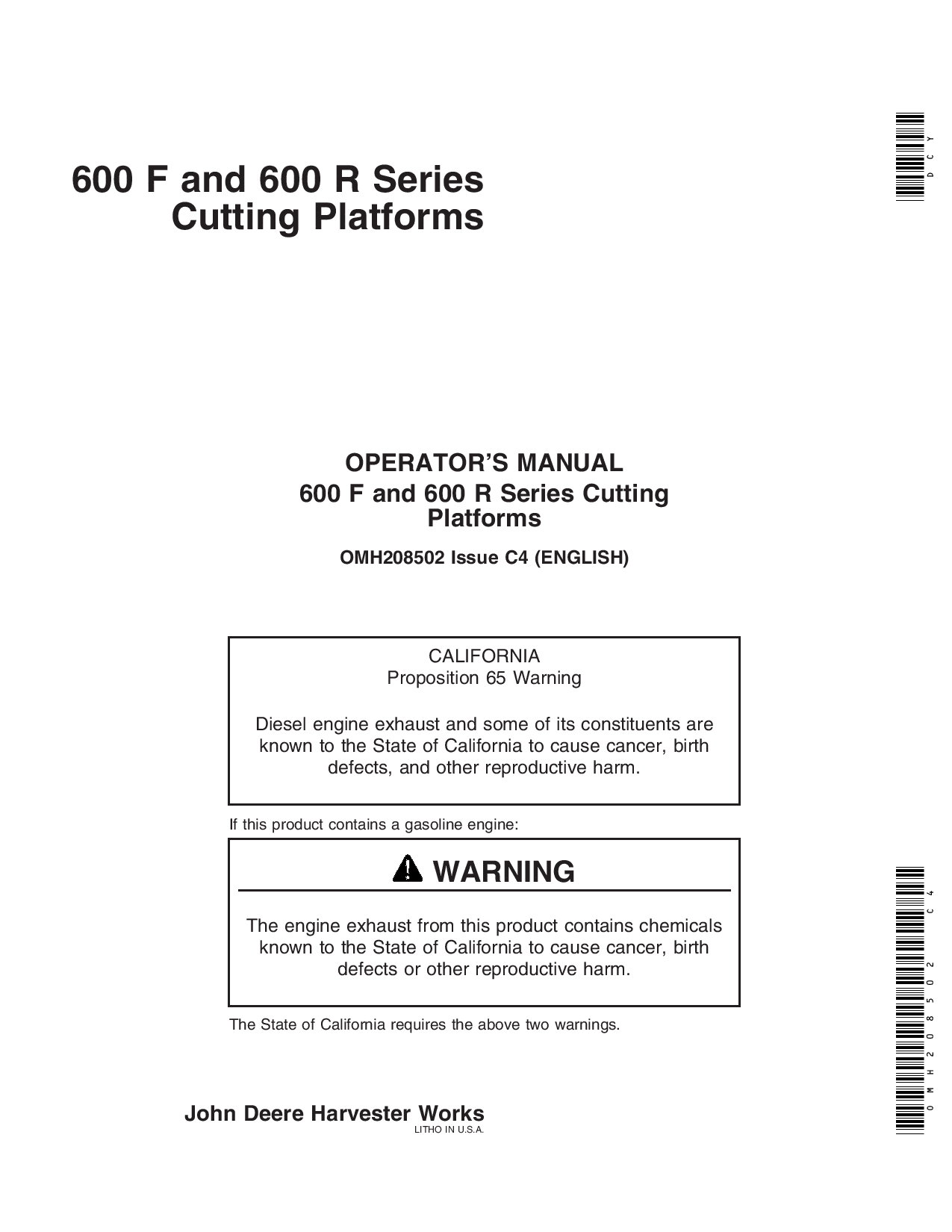 John Deere 600 F&R Series Cutting Platforms North American Edition (705351-710350) OMH208502 Operators and Maintenance Manual PDF Download