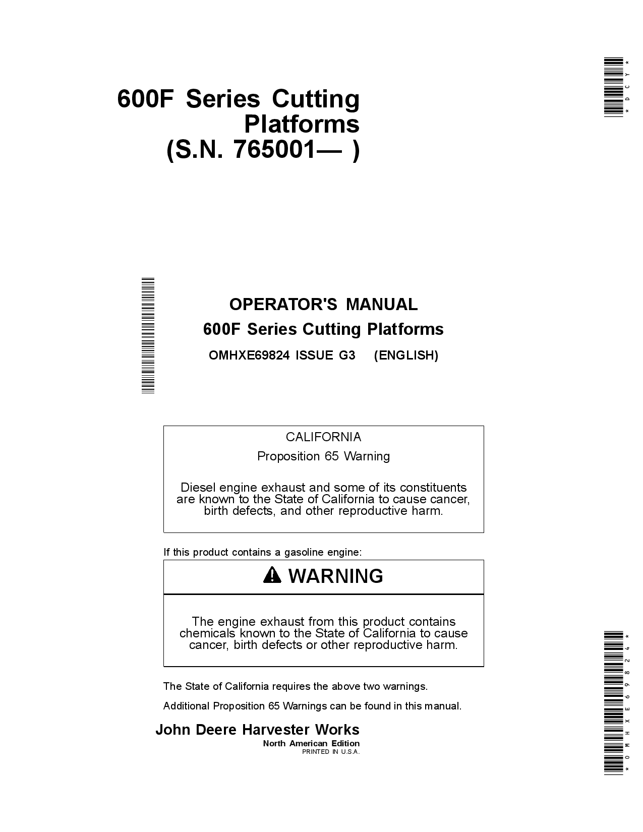 John Deere 600 F&R Series Cutting Platforms North American Edition (765001-775000) OMHXE69824 Operators and Maintenance Manual PDF Download