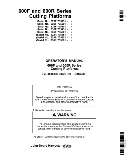 John Deere 600 F&R Series Cutting Platforms OMHXE16838 Operators and Maintenance Manual PDF Download