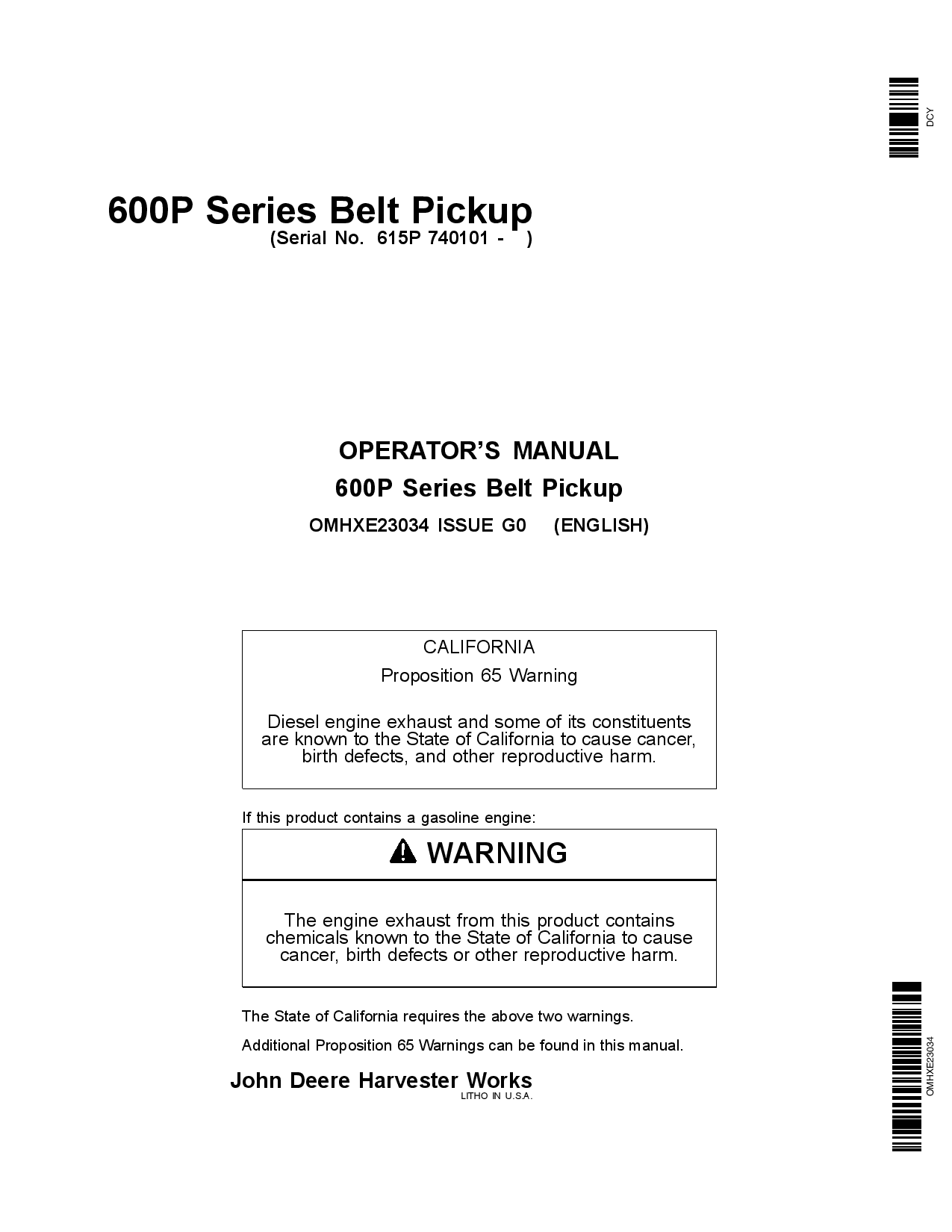 John Deere 600 P Series Belt Pickup 615P (740101) OMHXE23034 Operators and Maintenance Manual PDF Download