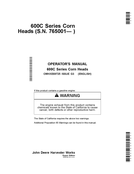John Deere 600C Series Corn Head & StalkMaster Text-Free Safety Decals Export Edition (765001-775000) OMHXE69725 Operators and Maintenance Manual PDF Download