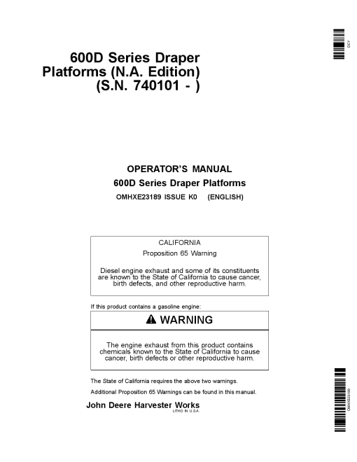 John Deere 600D Series Draper Platforms 6250, 6300, 6350 & 6400 North American Edition (740101-745100) OMHXE23189 Operators and Maintenance Manual PDF Download