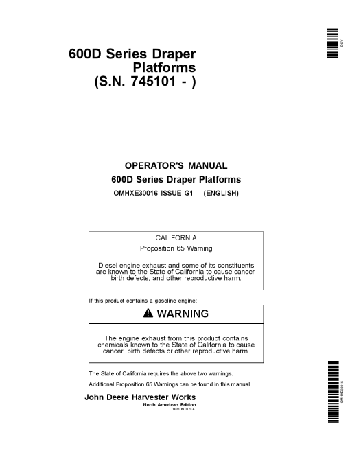 John Deere 600D Series Draper Platforms 625D, 630D, 635D & 640D North American Edition (745101-755000) OMHXE30016 Operators and Maintenance Manual PDF Download