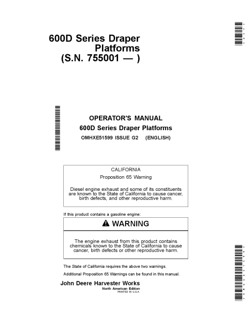 John Deere 600D Series Draper Platforms 625D, 630D, 635D & 640D North American Edition (755001-765000) OMHXE51599 Operators and Maintenance Manual PDF Download