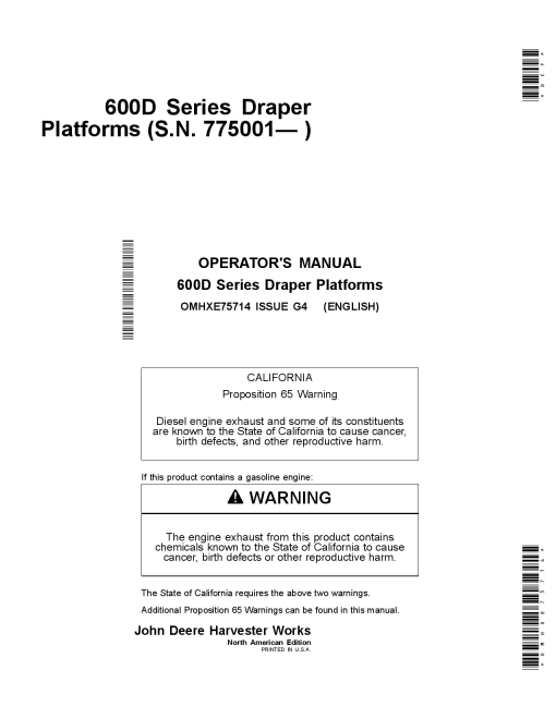John Deere 600D Series Draper Platforms 625D. 630D, 635D & 640D North American Edition (775001-785000) OMHXE75714 Operators and Maintenance Manual PDF Download