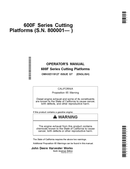 John Deere 600F Series Cutting Platforms 620F, 622F, 625F, 630F, 635F OMHXE119127 Operators and Maintenance Manual PDF Download
