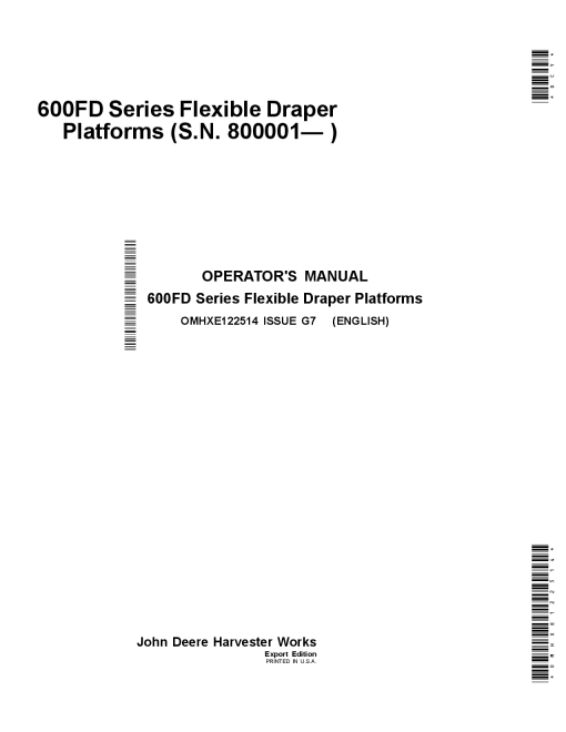 John Deere 600FD Series Flexible Draper Platforms 630FD, 635FD, 640FD, 645FD OMHXE122514 Operators and Maintenance Manual PDF Download