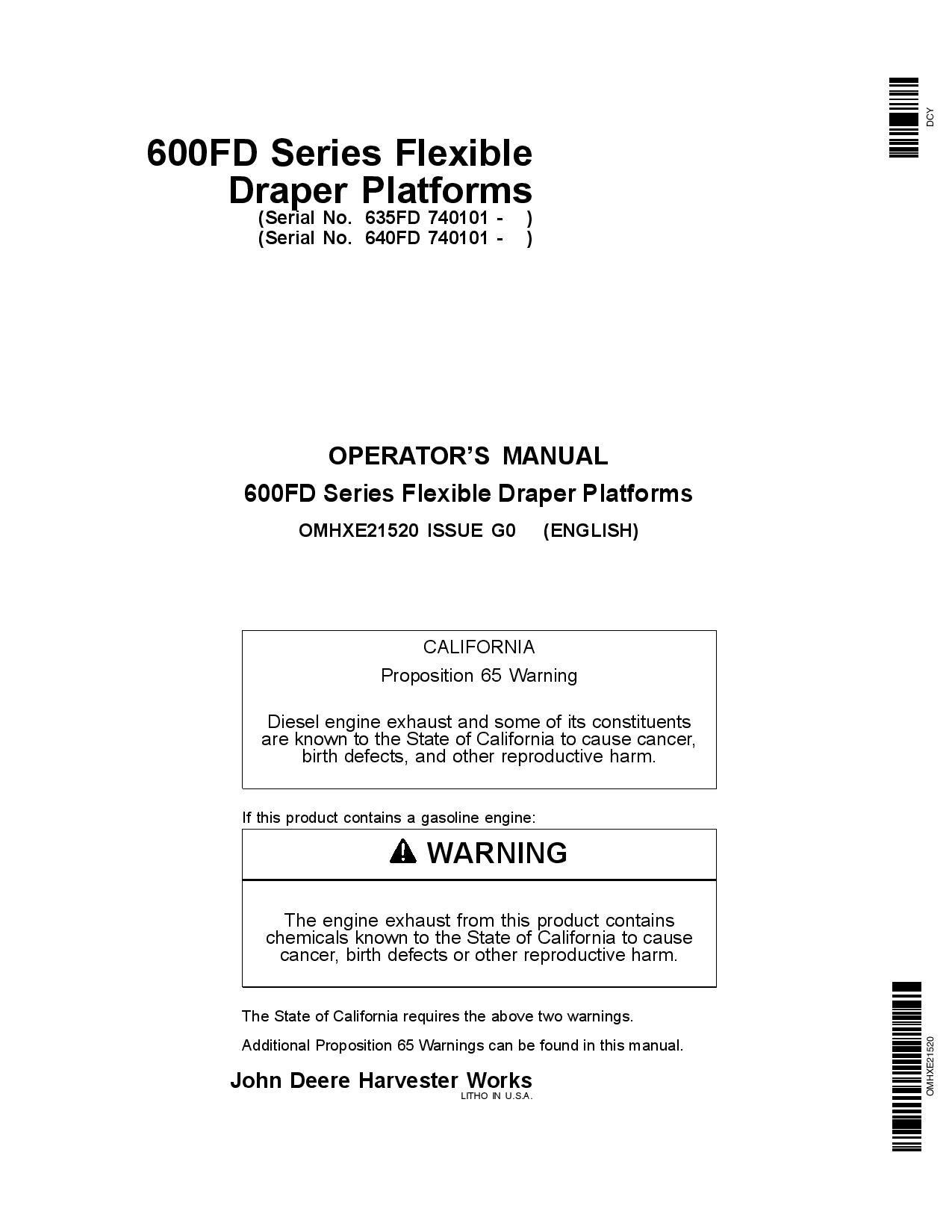 John Deere 600FD Series Flexible Draper Platforms North American Edition (740101-745100) OMHXE21520 Operators and Maintenance Manual PDF Download