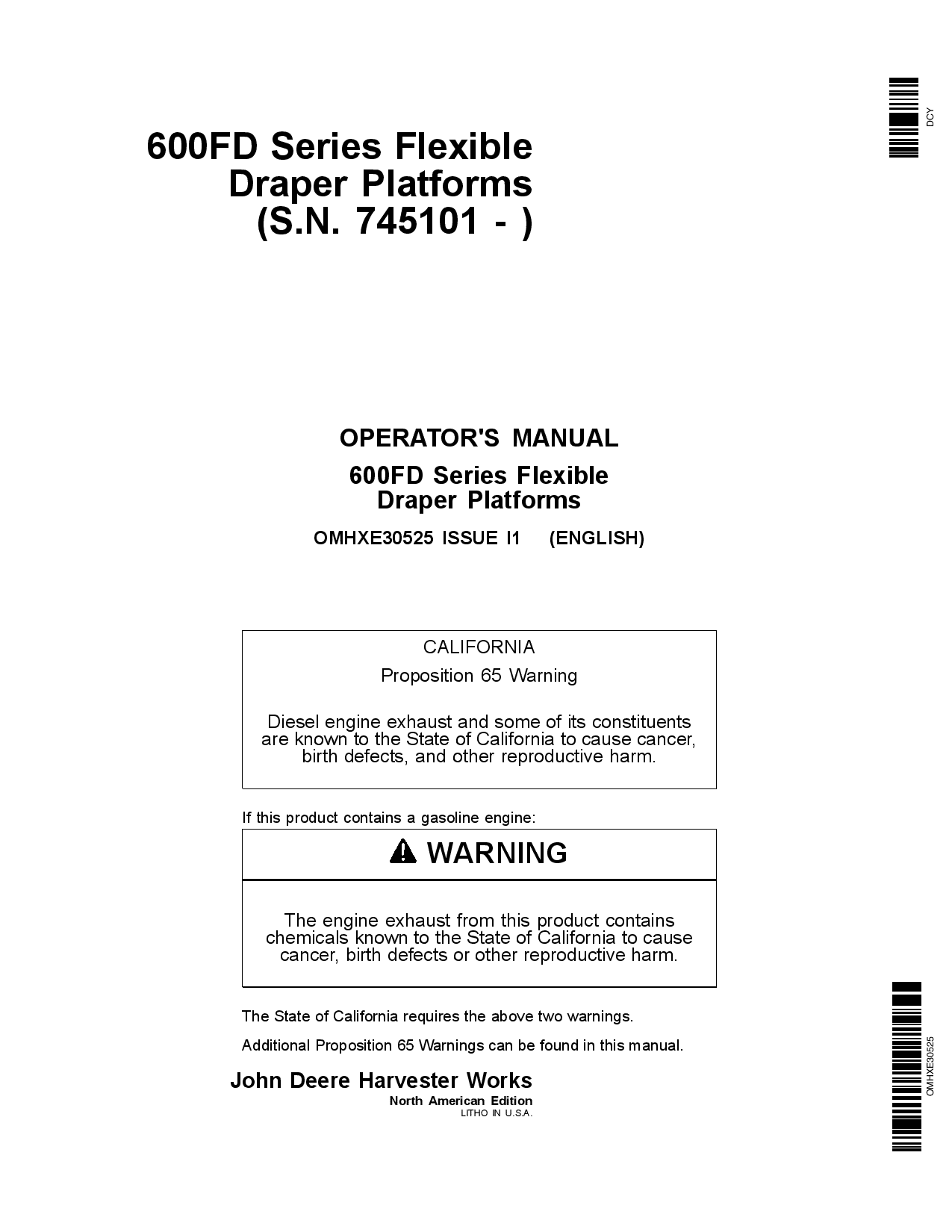 John Deere 600FD Series Flexible Draper Platforms North American Edition (745101-755000) OMHXE30525 Operators and Maintenance Manual PDF Download