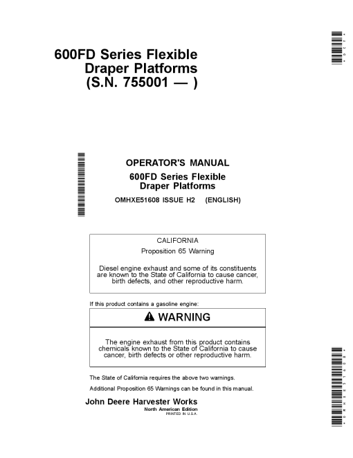 John Deere 600FD Series Flexible Draper Platforms North American Edition (755101-765000) OMHXE51608 Operators and Maintenance Manual PDF Download