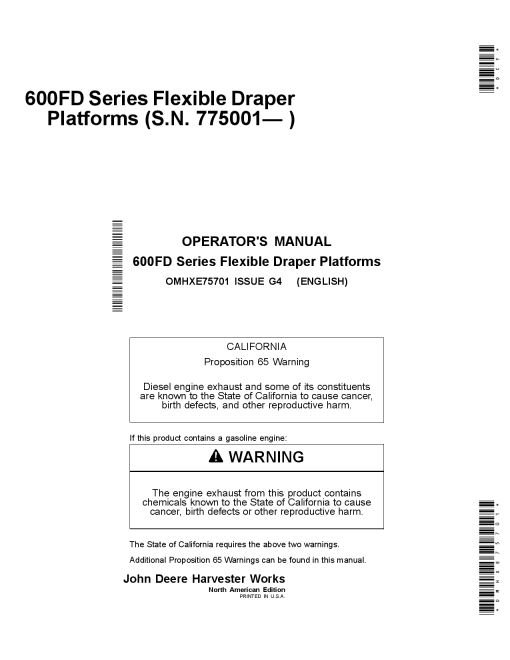 John Deere 600FD Series Flexible Draper Platforms North American Edition (775001-785000) OMHXE75701 Operators and Maintenance Manual PDF Download