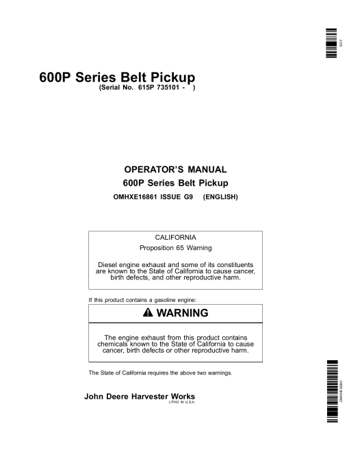 John Deere 600P Series Belt Pickup 615P (735101-) OMHXE16861 Operators and Maintenance Manual PDF Download