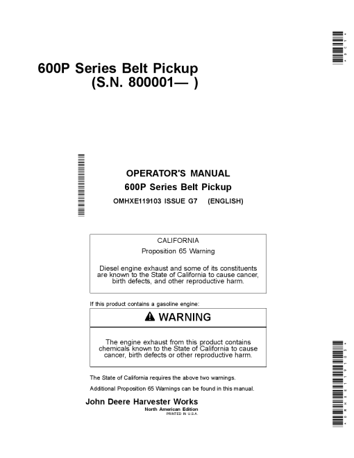 John Deere 600P Series Belt Pickup 615P OMHXE119103 Operators and Maintenance Manual PDF Download