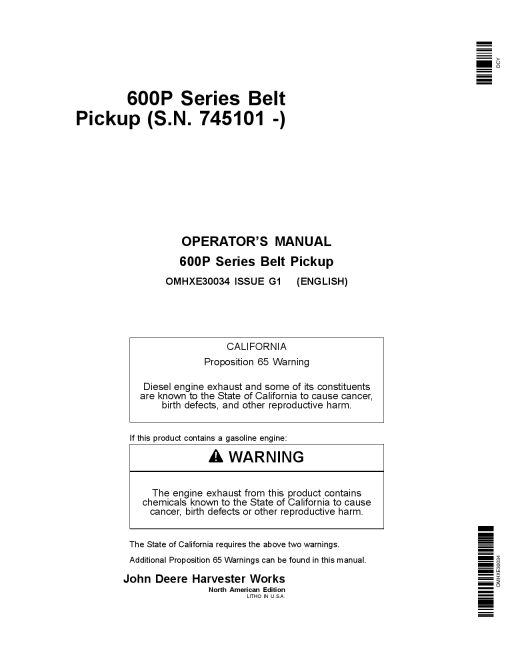John Deere 600P Series Belt Pickup (745101-) OMHXE30034 Operators and Maintenance Manual PDF Download