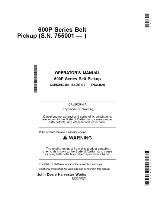 John Deere 600P Series Belt Pickup (Text Free Safety Decals) (755001-) 615P OMHXE52456 Operators and Maintenance Manual PDF Download